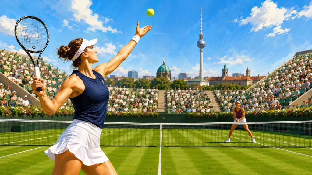 ilustración con IA: Linda Noskova frena a Alexandra Eala en el WTA Berlin Open y alcanza la final sobre césped tras ganar 6-2, 6-4