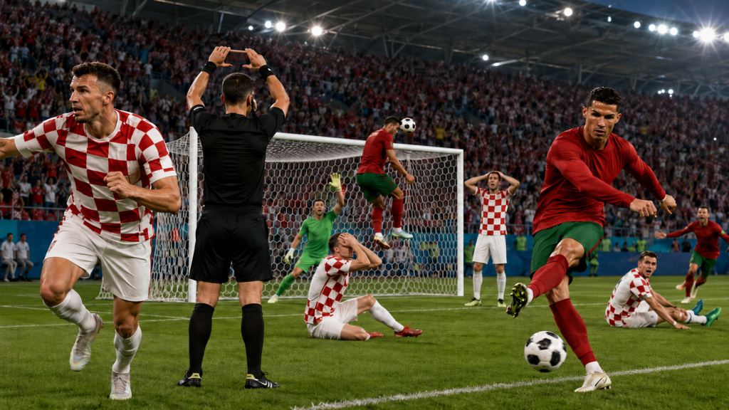 KI-Illustration: Kroatien scheitert nach VAR-Drama in Toronto, Portugal zieht dank Ramos spät ins Duell mit Spanien ein