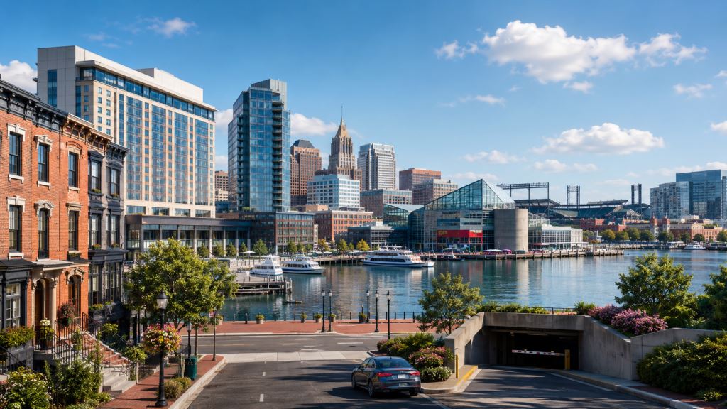 ilustración con IA: Baltimore 2026: alojamiento, hoteles, apartamentos, parking, precios y mejores zonas