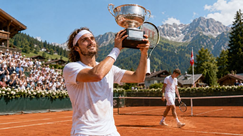 ilustración con IA: Stefanos Tsitsipas conquista Gstaad tras 16 meses y derrota a Raphael Collignon por su 13.º título ATP