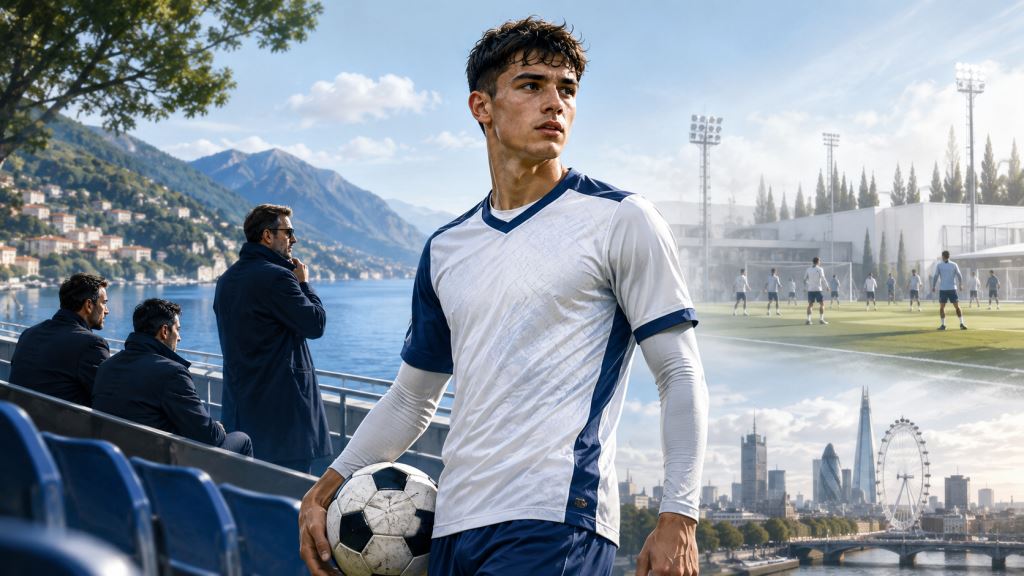 KI-Illustration: Chelsea beobachtet Jacobo Ramón, während Real Madrid und Como den Transfer-Schlüssel halten