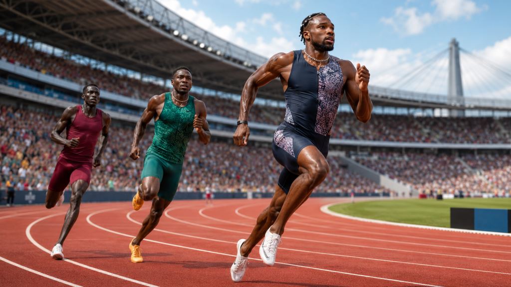 KI-Illustration: Noah Lyles läuft 150-Meter-Weltbestzeit in Ostrava, Gout Gout wird Dritter mit persönlicher Bestzeit