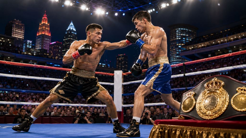 AI illustration: Abdullah Mason vs Albert Bell in Cleveland: WBO belt, late challenger switch and unbeaten records collide