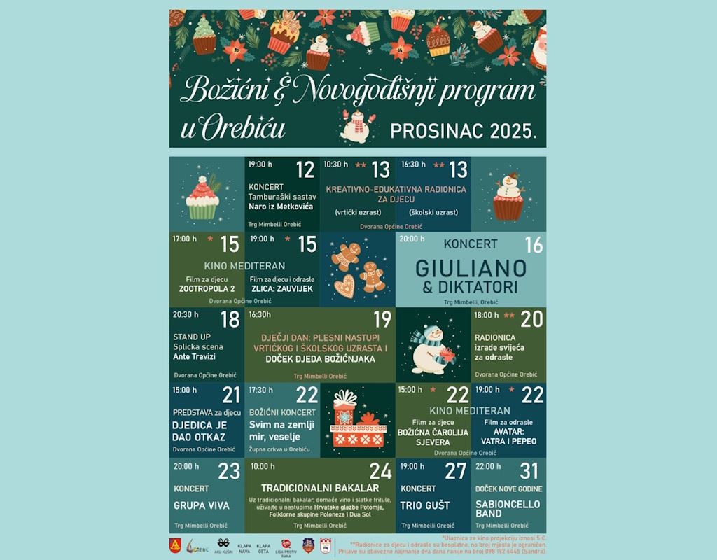 Programa de Navidad y Año Nuevo en Orebić 2025: conciertos, talleres, cine y recepción en la Plaza Mimbelli junto al mar