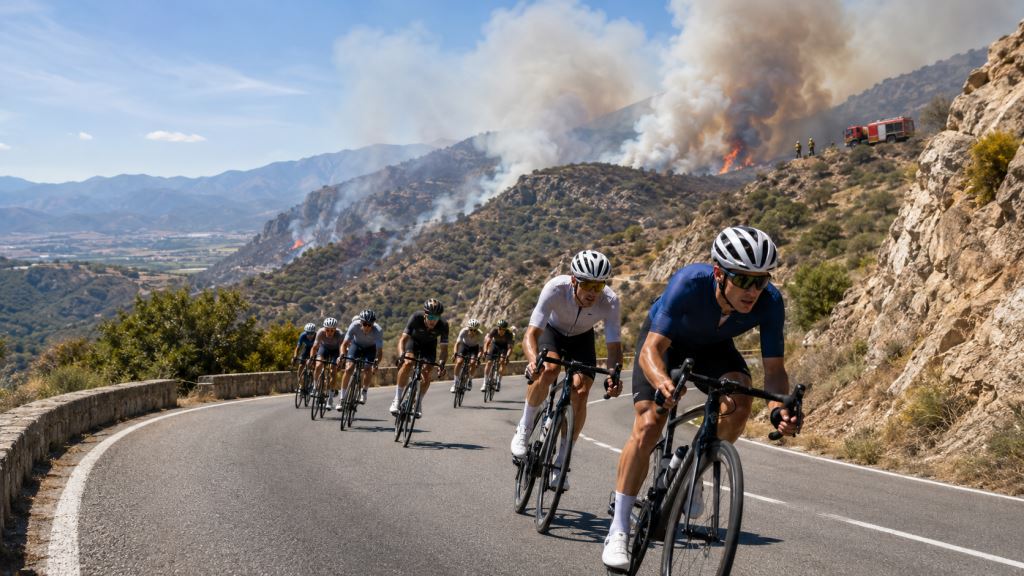 KI-Illustration: Tour de France 2026: 3. Etappe ohne Fans auf französischen Brandstraßen in den Pyrenäen nahe Perpignan