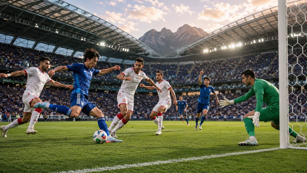 KI-Illustration: Japans 4:0 gegen Tunesien in Guadalupe als großer Schritt zur K.-o.-Phase der WM 2026 in Gruppe F durch Ueda