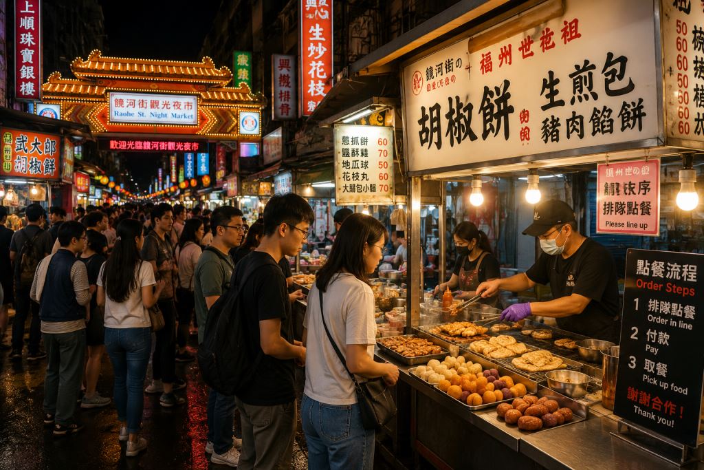 AI illustration: Taipei night markets guide: queue rules, cash tips, street food and practical advice for evening visits