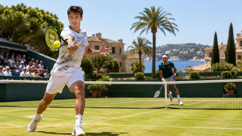 KI-Illustration: Marozsan bezwingt Tabilo bei den ATP Mallorca Championships und erreicht das Viertelfinale auf Rasen