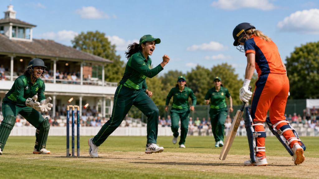 KI-Illustration: Pakistan verteidigt 126/6 gegen die Niederlande in Gruppe B des ICC Women’s T20 World Cup 2026 in Bristol