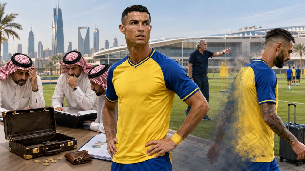 ilustración con IA: Al Nassr, bajo presión financiera: salarios pendientes, fichajes frenados y un gran vacío tras Brozovic