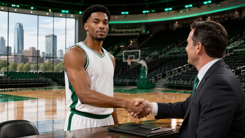 ilustracja AI: Ron Harper Jr. zostaje w Boston Celtics, trzyletni kontrakt wzmacnia rotację skrzydłowych