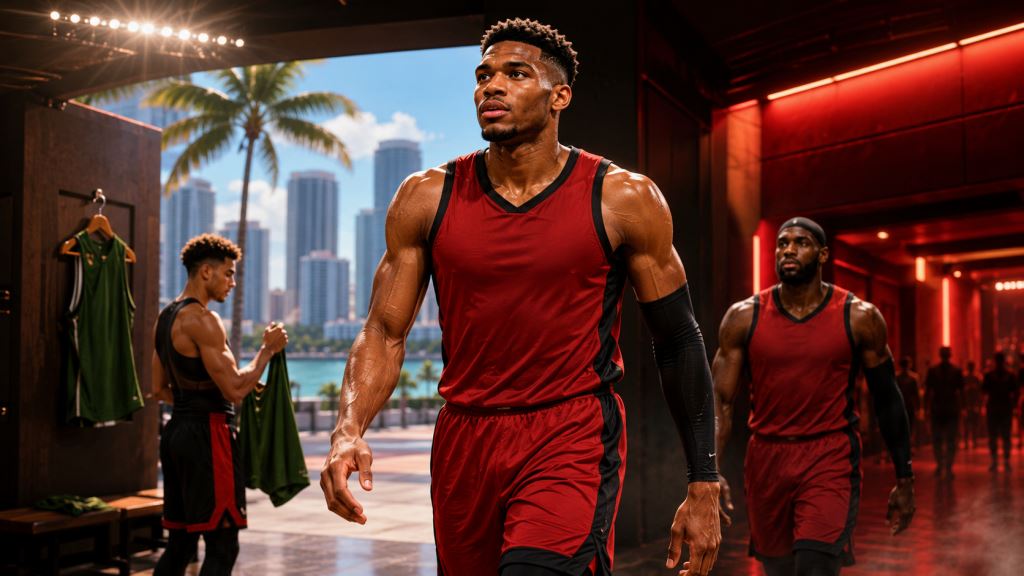 ilustración con IA: Giannis Antetokounmpo inicia su era en Miami Heat con el número 7 tras un traspaso que mueve la NBA en Miami