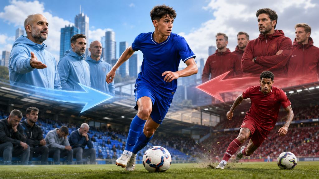 KI-Illustration: Manchester City jagt Jeremy Monga, während Arsenal den Preis prüft und United Ederson weiter verfolgt