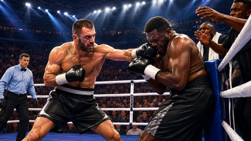 AI ilustracija: Murat Gassiev zaustavio Petera Kadirua u šestoj rundi i zadržao WBA naslov pred brojnom moskovskom publikom
