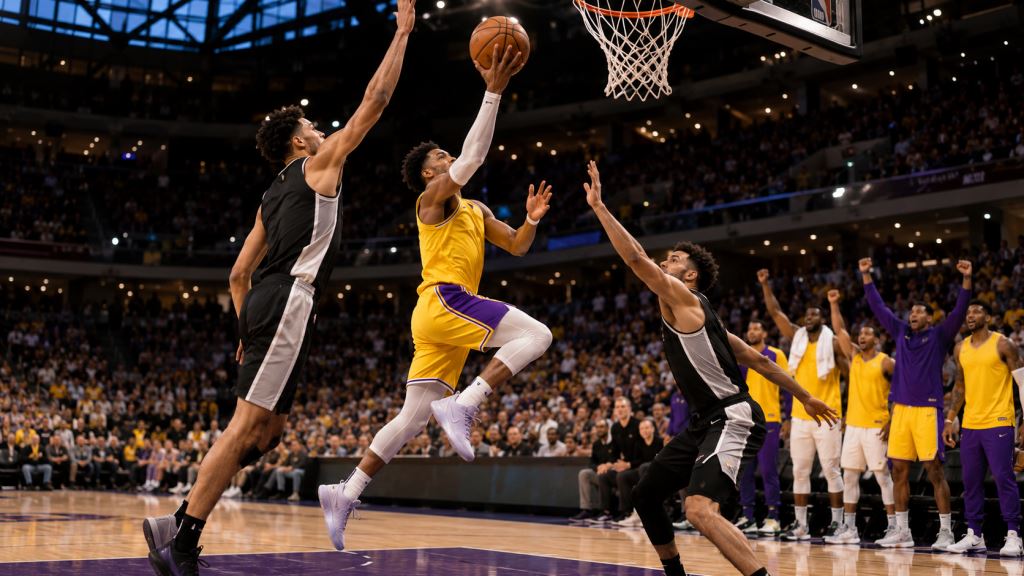 AI illustration: Lakers' 88-84 comeback over Spurs in San Francisco with Mañon's California Classic spark before Vegas