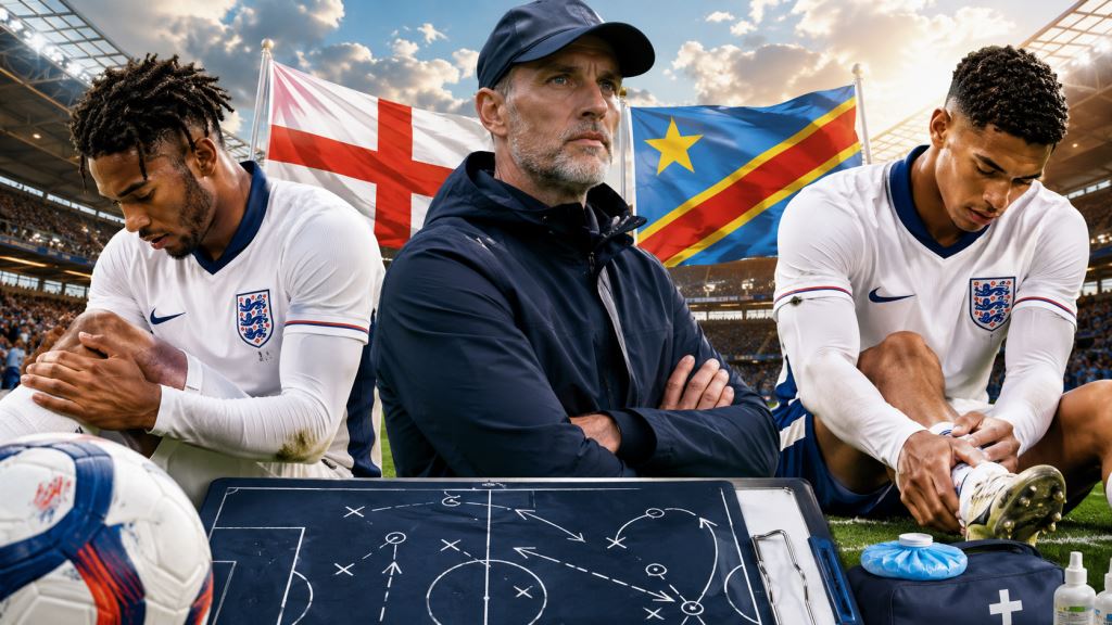 KI-Illustration: England ohne Reece James und Jarell Quansah gegen DR Kongo: Tuchels Taktikrätsel in der Hitze von Atlanta