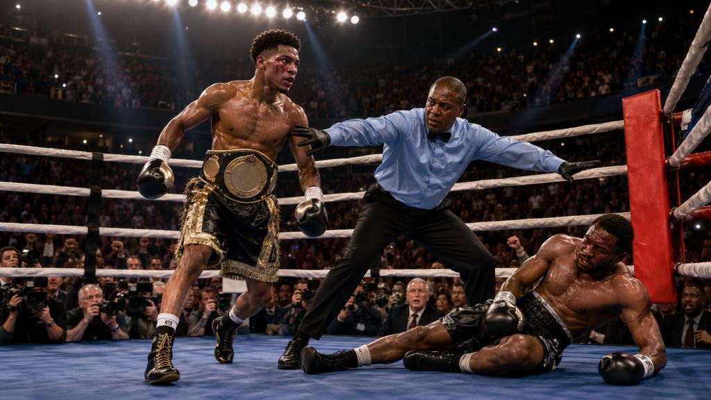 KI-Illustration: Mason verteidigt WBO-Titel gegen Bell in Cleveland nach umstrittenem Abbruch in der zwölften Runde im Ring