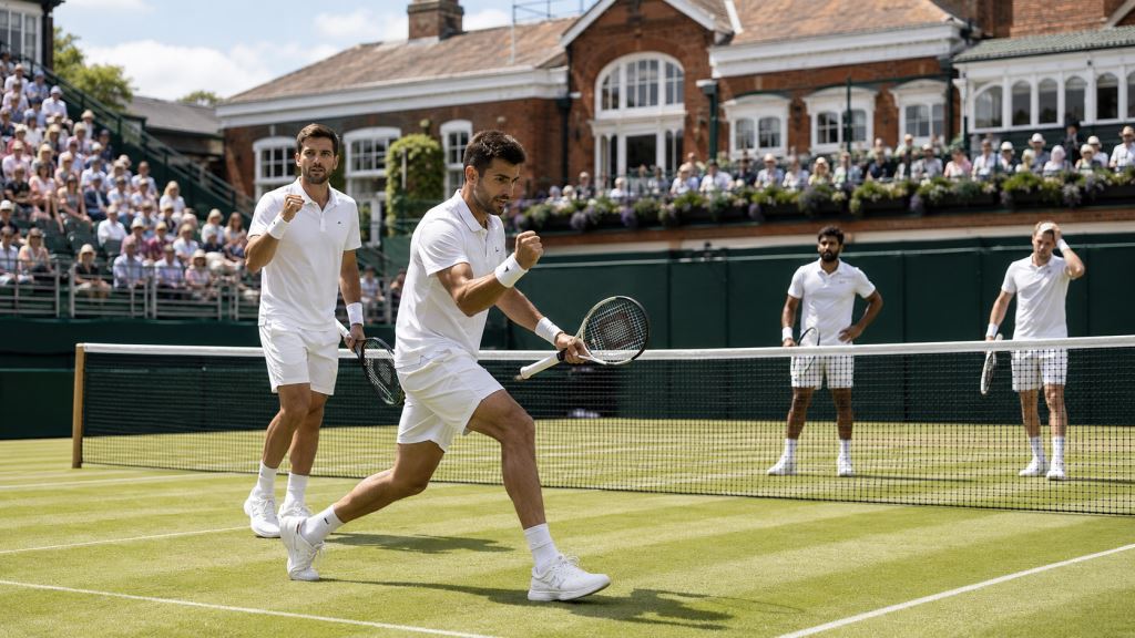 ilustración con IA: Pavić y Arevalo avanzan a semifinales de Queen’s Club tras vencer a Bhambri y Venus en dobles