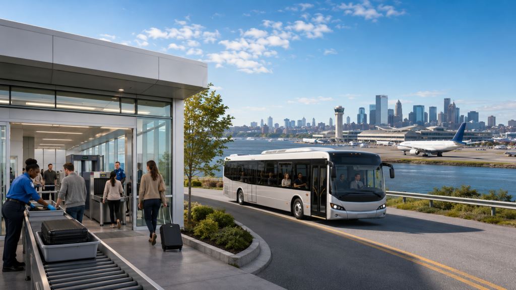 Boston Logan remote TSA terminal guide: airport security before arrival and direct secure bus to the gate