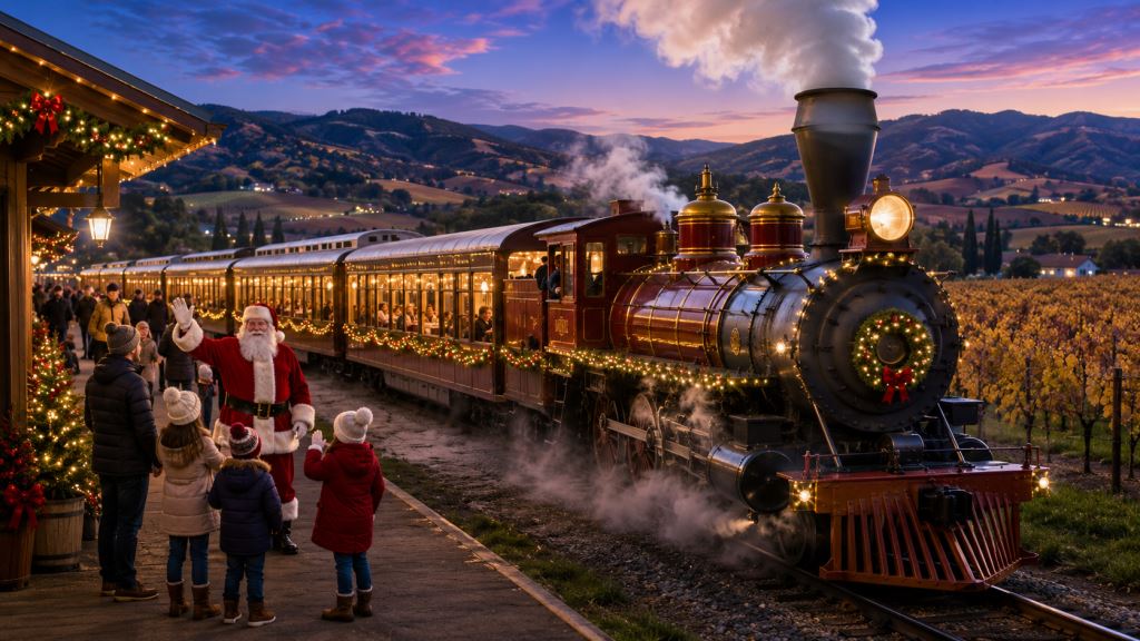 Santa Train dans la Napa Valley : Voyage de Noël en train ancien au cœur des vignobles californiens