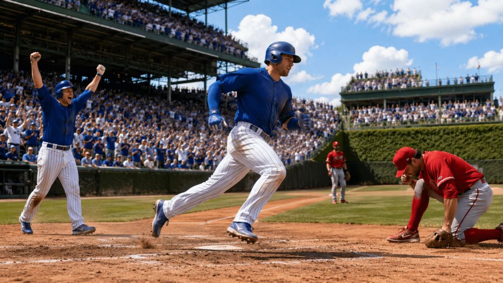 illustration IA: Les Chicago Cubs renversent les St. Louis Cardinals 6-4 au Wrigley Field dans une sixième manche décisive
