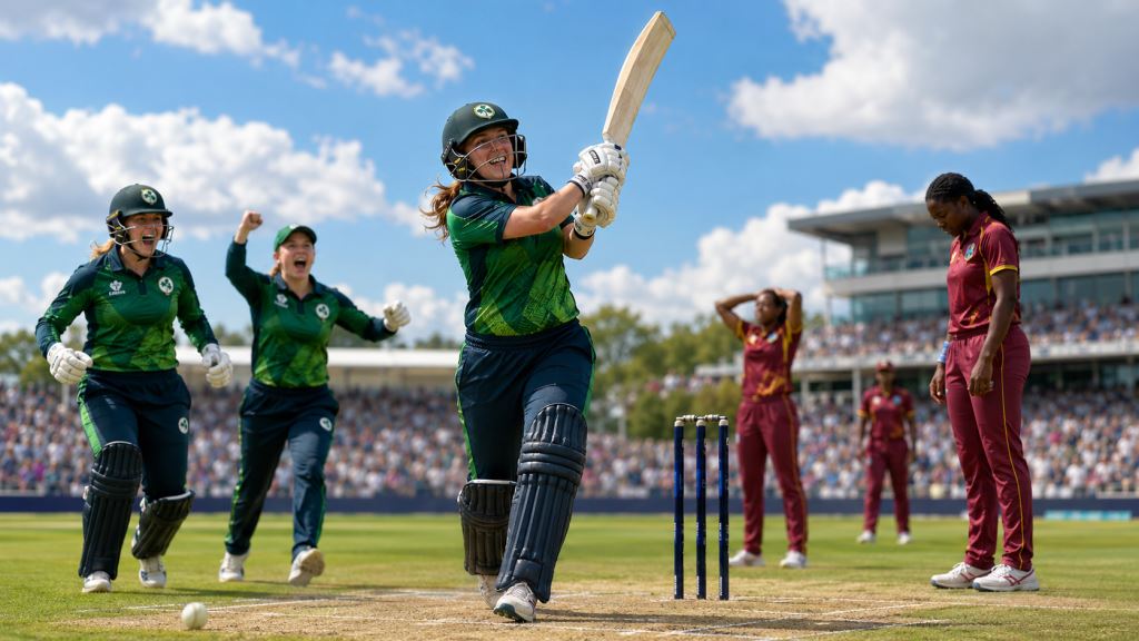 KI-Illustration: Irlands Frauen bezwingen West Indies Women im historischen T20-World-Cup-Spiel in Bristol