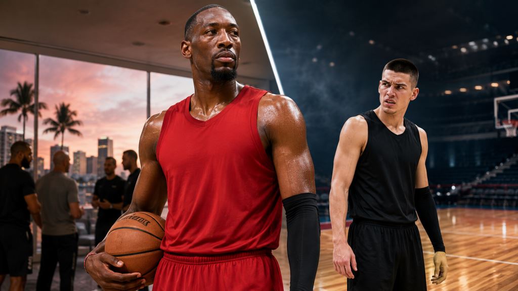 AI illustration: Miami Heat rumors on Bam Adebayo status, Tyler Herro tension and locker-room fallout after NBA trade drama