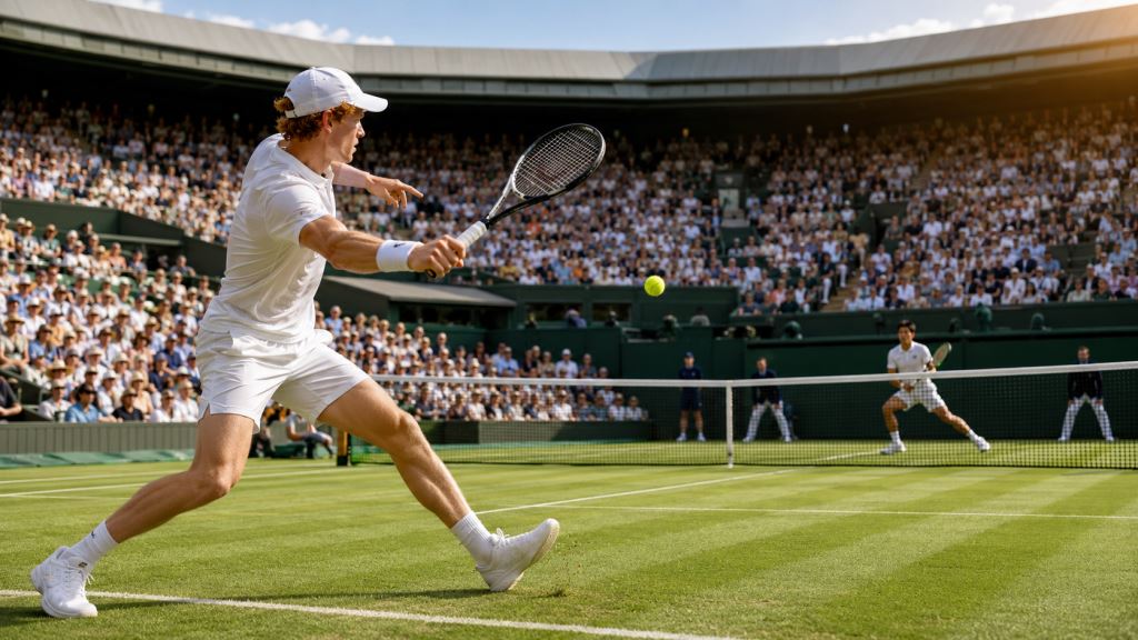 ilustración con IA: Sinner derrota a Mochizuki sin ceder sets y mantiene firme su defensa del título en Wimbledon 2026 en Londres