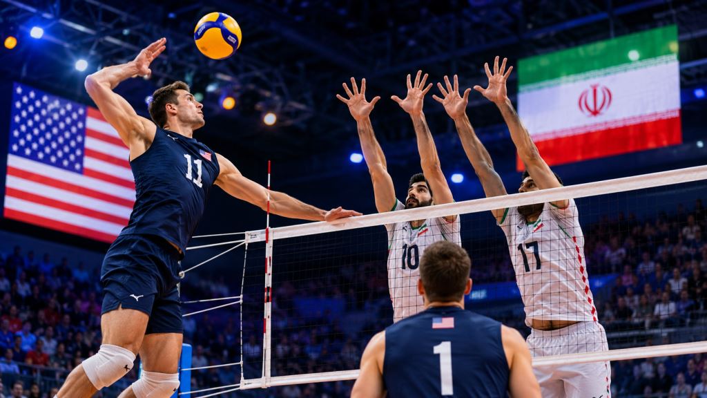 ilustración con IA: Estados Unidos vence a Irán 3-0 en la Volleyball Nations League 2026 tras un tercer set dramático en Orleans