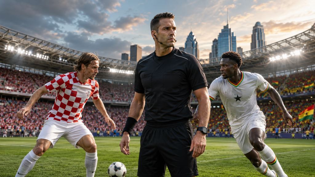 ilustración con IA: Drew Fischer arbitrará Croacia-Ghana en Filadelfia, el Grupo L define la carrera al cruce mundialista