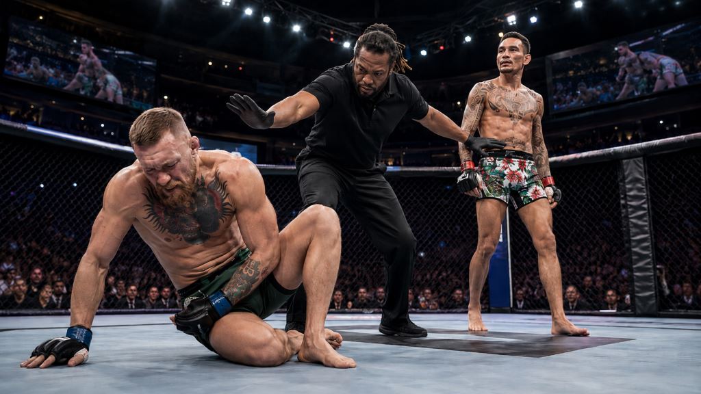 AI illustration: McGregor comeback lasts 69 seconds as knee injury hands Holloway victory at a major UFC event in Las Vegas