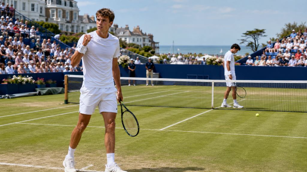 KI-Illustration: Toby Samuel im Viertelfinale des ATP Lexus Eastbourne Open nach Sieg gegen Thiago Agustin Tirante auf Rasen