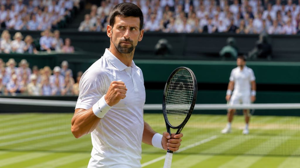 AI illustration: Djokovic's Wimbledon record after Safiullin win and another tense quarter-final run on London grass court