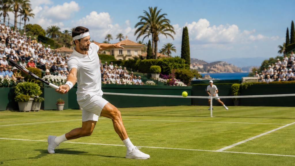 KI-Illustration: Grigor Dimitrov schlägt Marc Polmans bei den ATP Mallorca Championships 2026 und erreicht Runde zwei