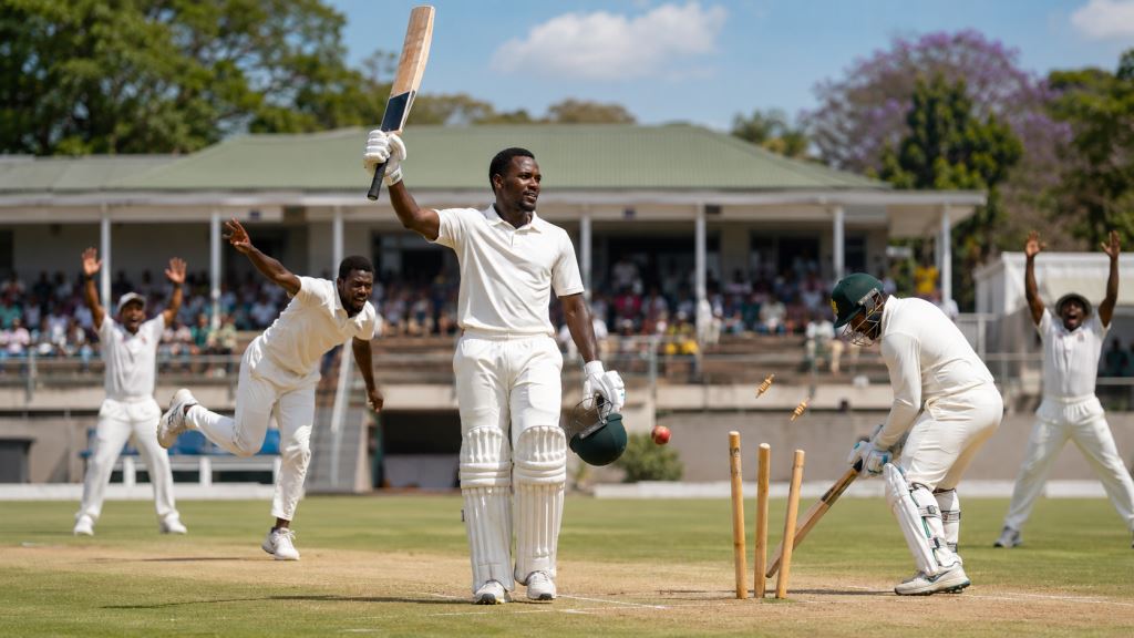 KI-Illustration: Zimbabwe feiert in Harare den höchsten Testsieg seiner Cricket-Geschichte im einzigen Tour-Test am Harare Sports Club