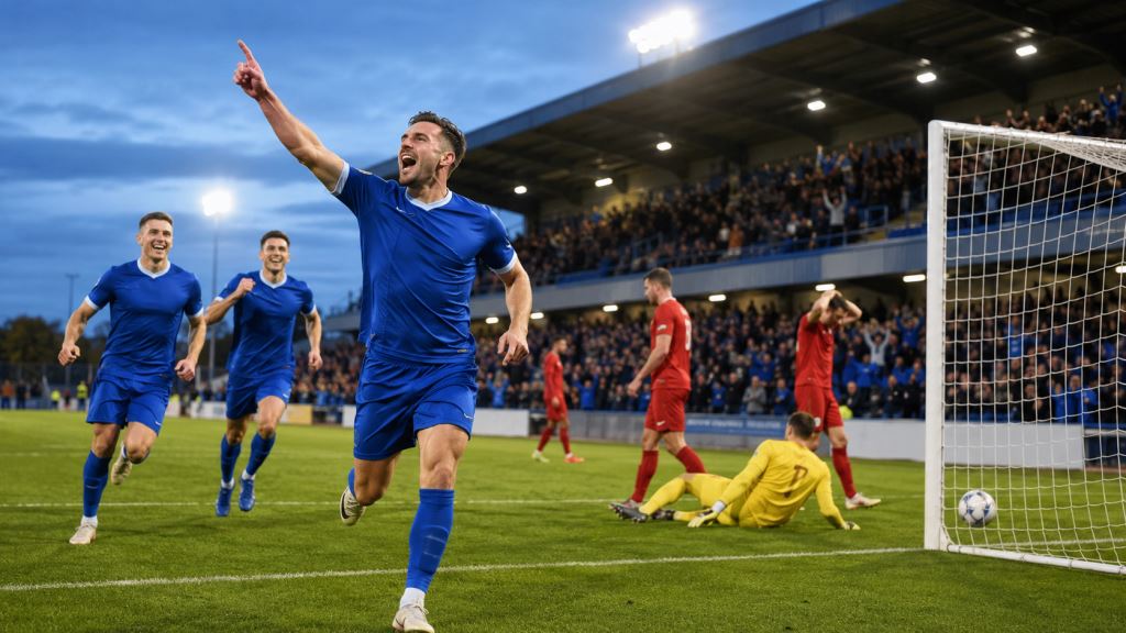 AI illustration: Waterford crush Sligo Rovers 4-0 as Pádraig Amond hat-trick lifts Irish survival fight