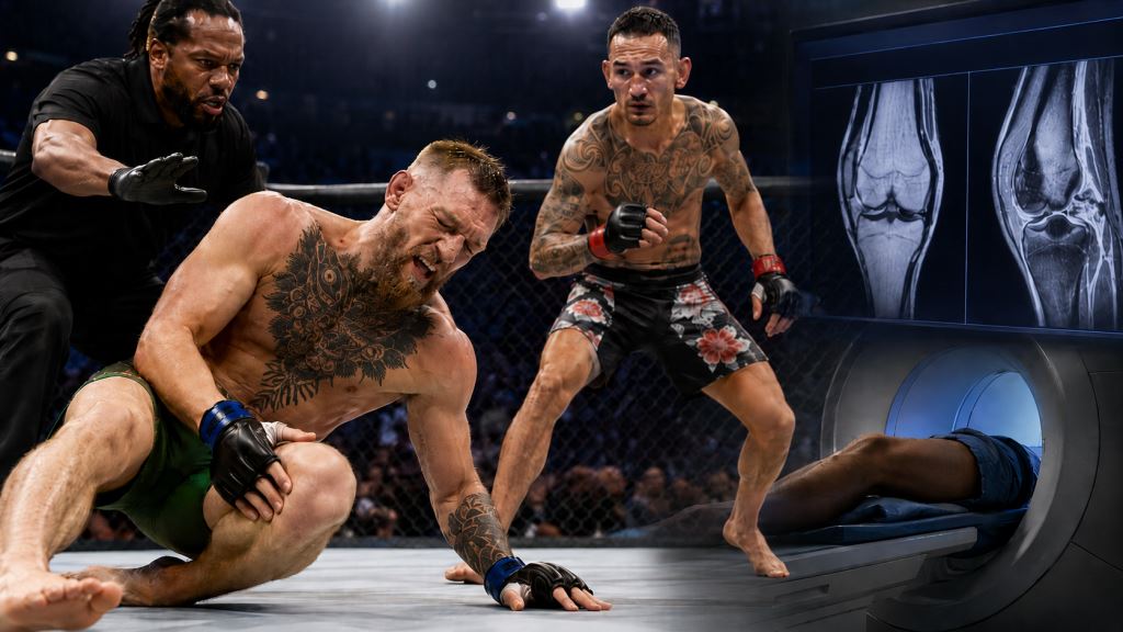 ilustración con IA: McGregor espera los resultados médicos y pide anular la victoria por TKO de Holloway tras lesionarse en UFC 329