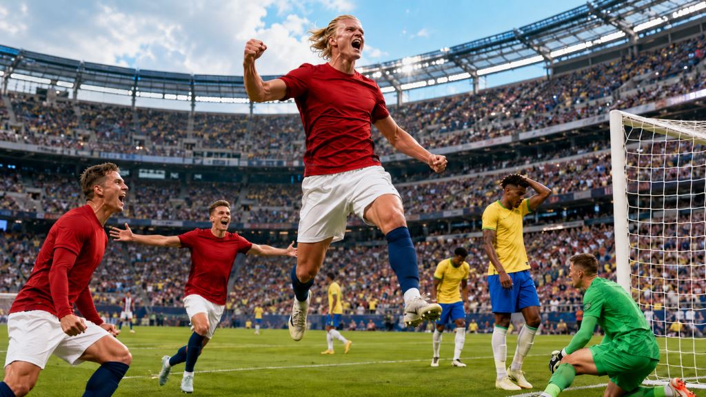 AI illustration: Norway stun Brazil at World Cup 2026: Haaland double and historic quarter-final in New Jersey shock result