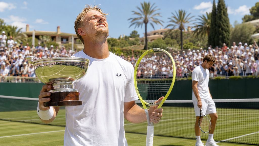 KI-Illustration: Davidovich Fokina gewinnt ersten ATP-Titel im Mallorca-Finale gegen Ethan Quinn auf Rasen in Santa Ponsa