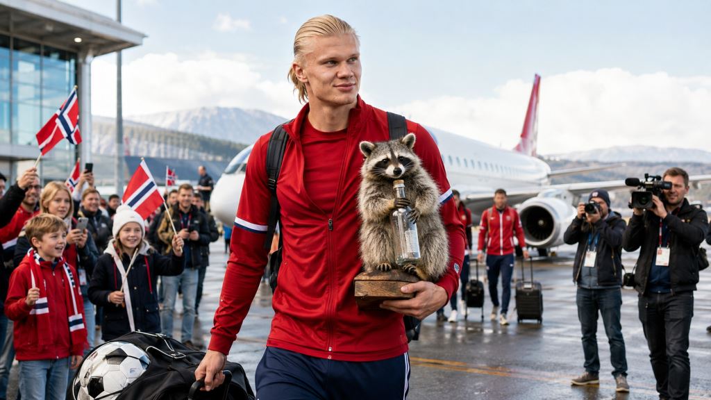 KI-Illustration: Erling Haaland kehrt nach historischem WM-Lauf mit einem präparierten Waschbären nach Norwegen zurück