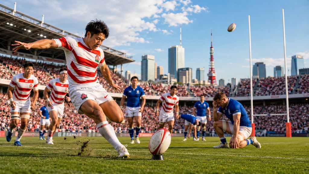 KI-Illustration: Japan bestraft Italiens Fehler in Tokio 27:10, Matsunaga prägt den Nations Championship-Auftakt 2026