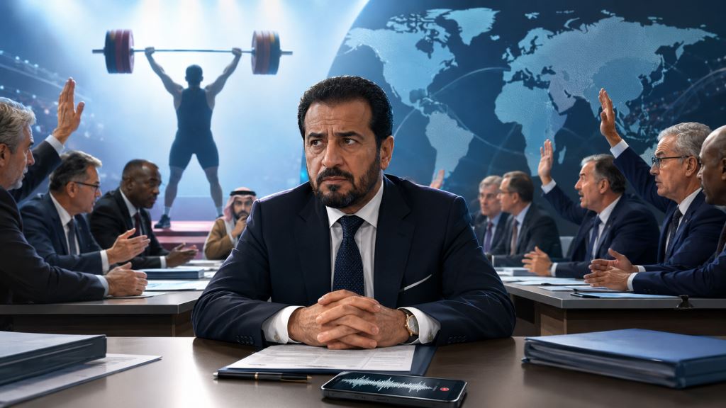 ilustración con IA: Audio filtrado y dudas sobre elecciones de la IWF aumentan la presión sobre Mohammed Jalood y la halterofilia