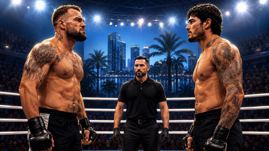 illustration IA: Mike Perry face à Dillon Danis à Orlando: combat MMA dans un ring à l'affiche du lancement de Duel Arena