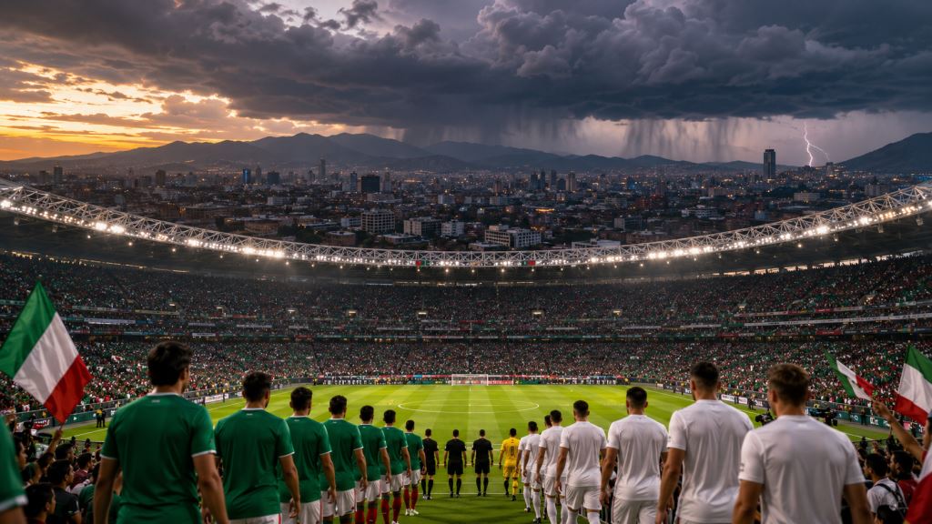 ilustracja AI: FIFA utrzymuje wieczorny termin Meksyk - Anglia na Estadio Azteca mimo burz w 1/8 finału MŚ 2026 w Mexico City