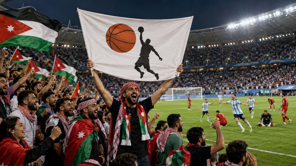 illustration IA: Les supporters jordaniens deviennent viraux avec une banderole sur Michael Jordan contre l’Argentine
