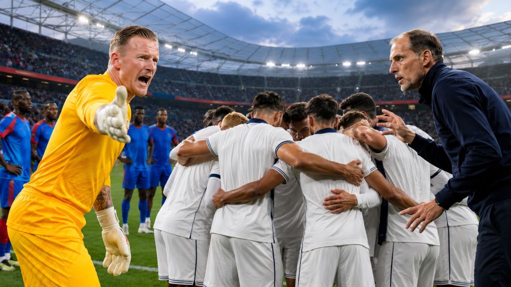 ilustracja AI: Pickford wspiera Tuchela przed pucharowym testem Anglii z DR Konga na mundialu 2026 w Atlancie pełnej presji