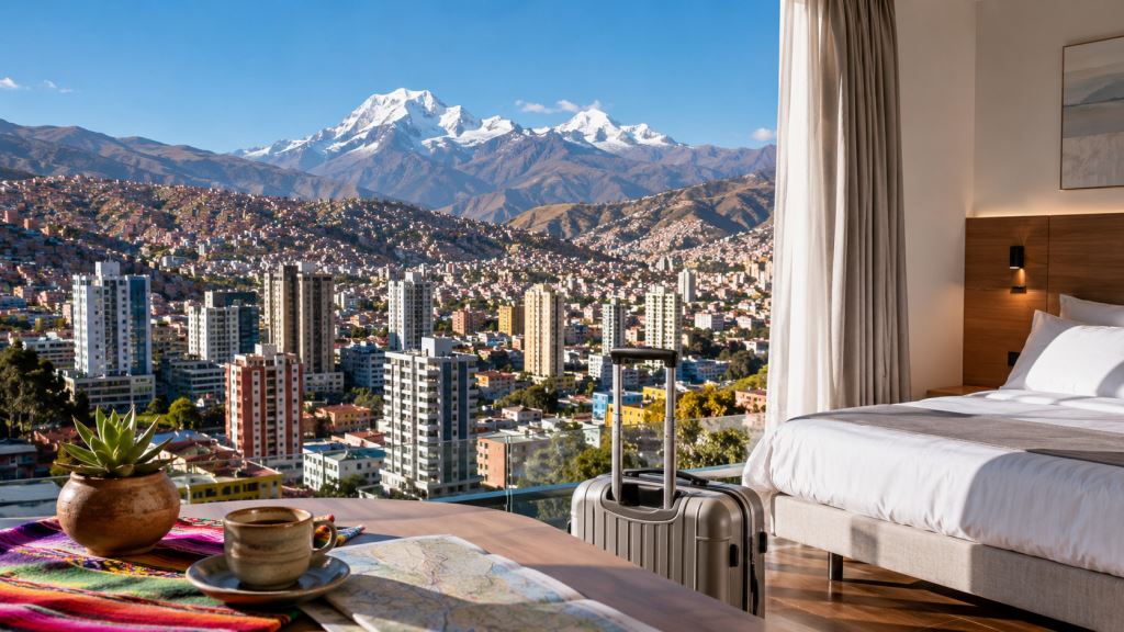 AI illustration: La Paz 2026: accommodation guide to hotels, apartments, locations, parking and safe city stays