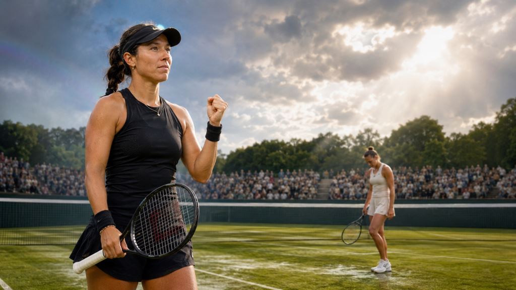 ilustración con IA: Jessica Pegula en la final del WTA Berlin Open tras su victoria sobre Aryna Sabalenka en el césped de Berlín