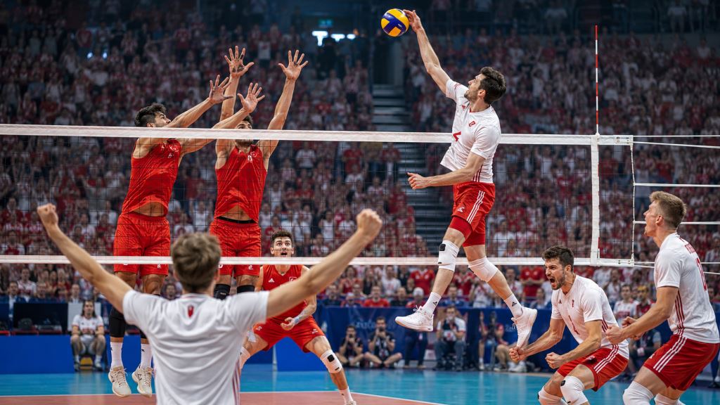 ilustración con IA: Polonia Derrota A Turquía En Cinco Sets En Gliwice Y Suma Un Triunfo Clave En La Volleyball Nations League