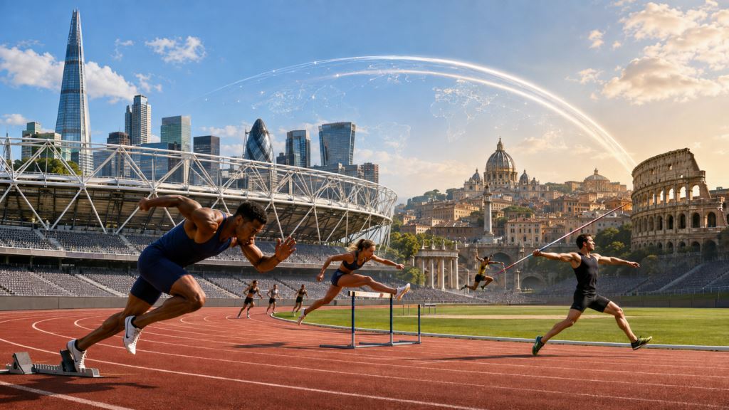 KI-Illustration: London und Rom im Endspurt um die Leichtathletik-WM 2029, Entscheidung von World Athletics im September